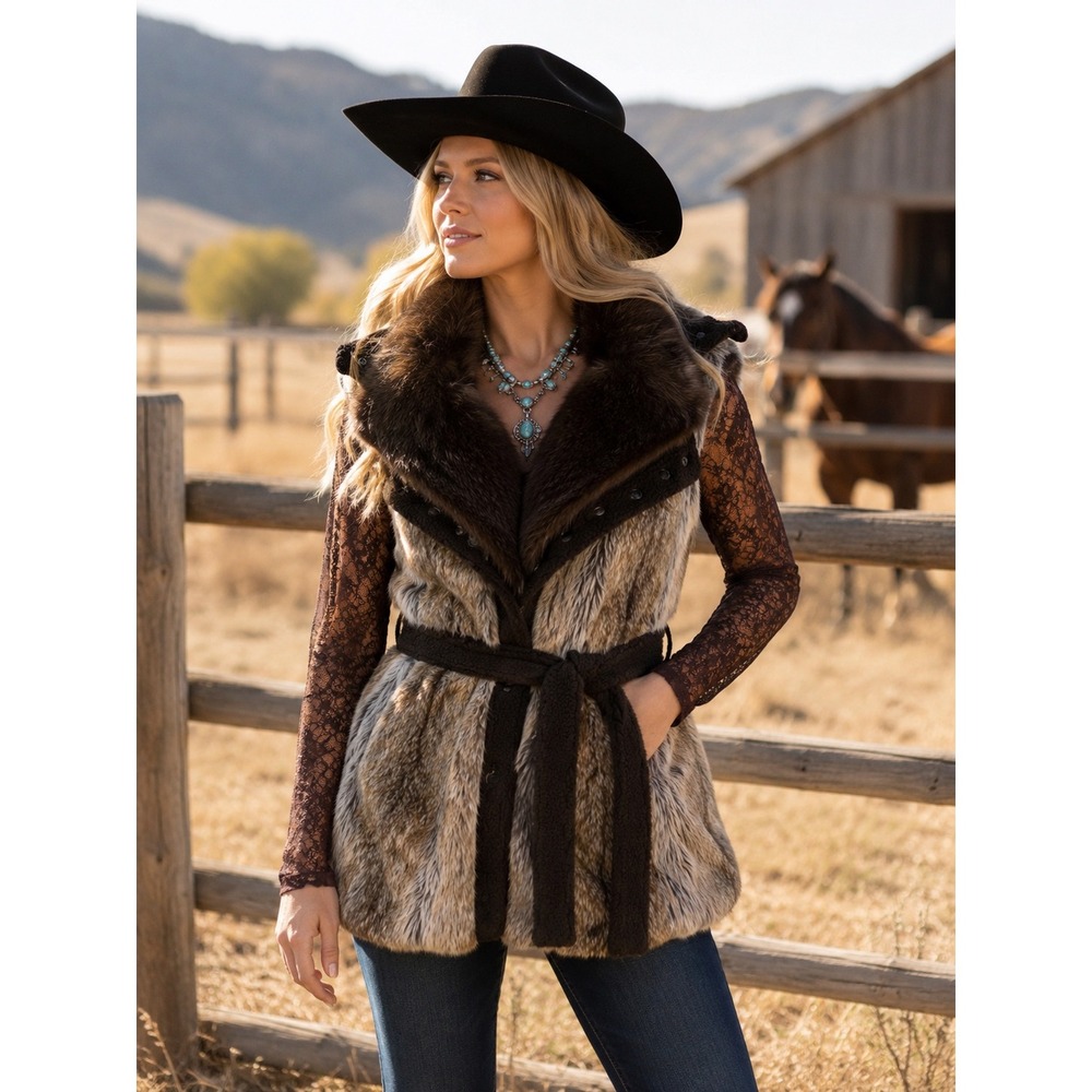 Cripple Creek Womens Faux Fur Belted Vest Brown Grey Western Boho Small rodeo